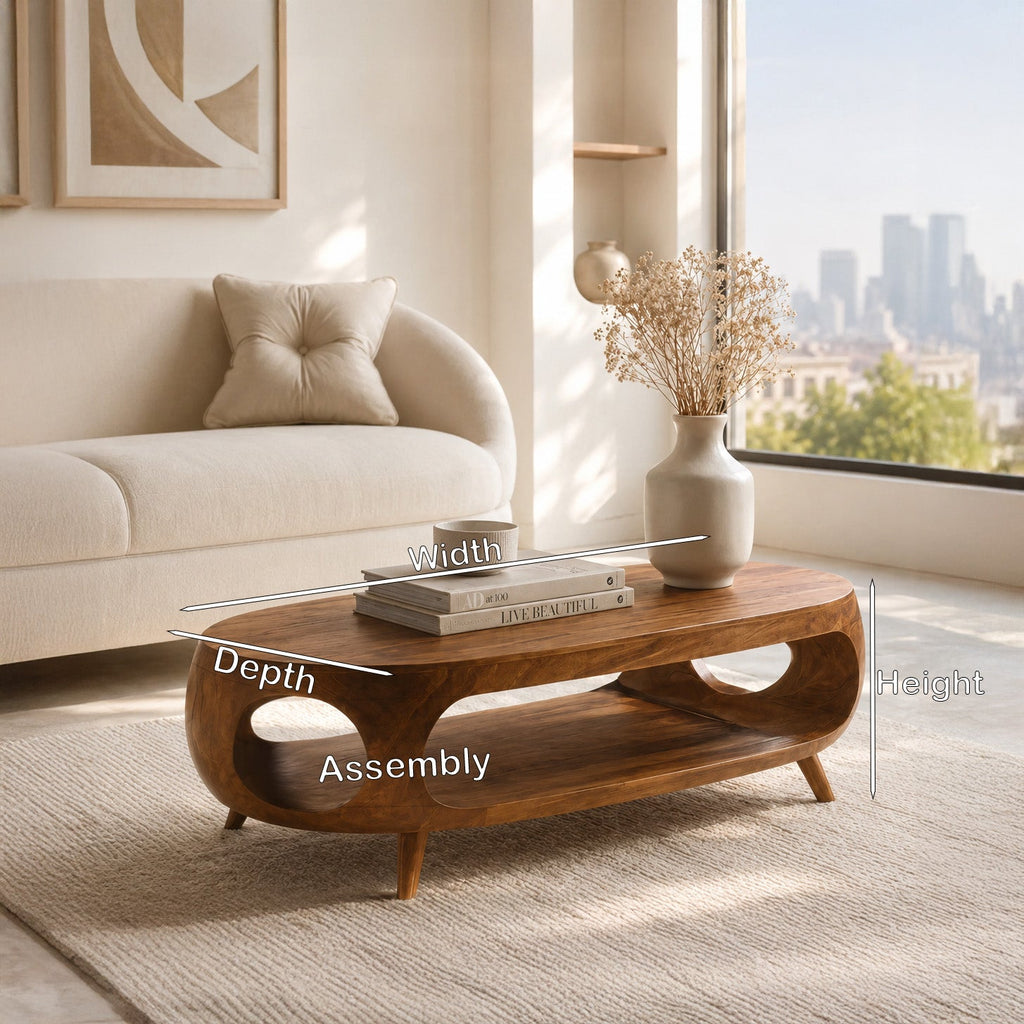 Sculptural Oval Coffee Table With Shelf For Living Room