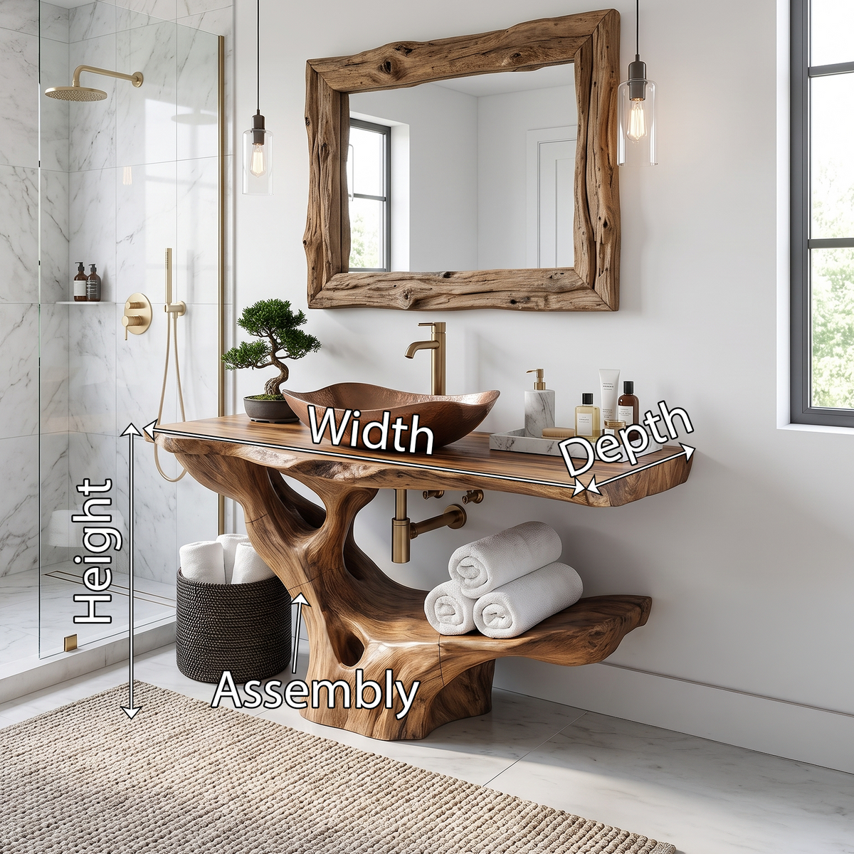 Modern Solid Wood Bathroom Vanity Organic Live Edge For Minimalist Bath