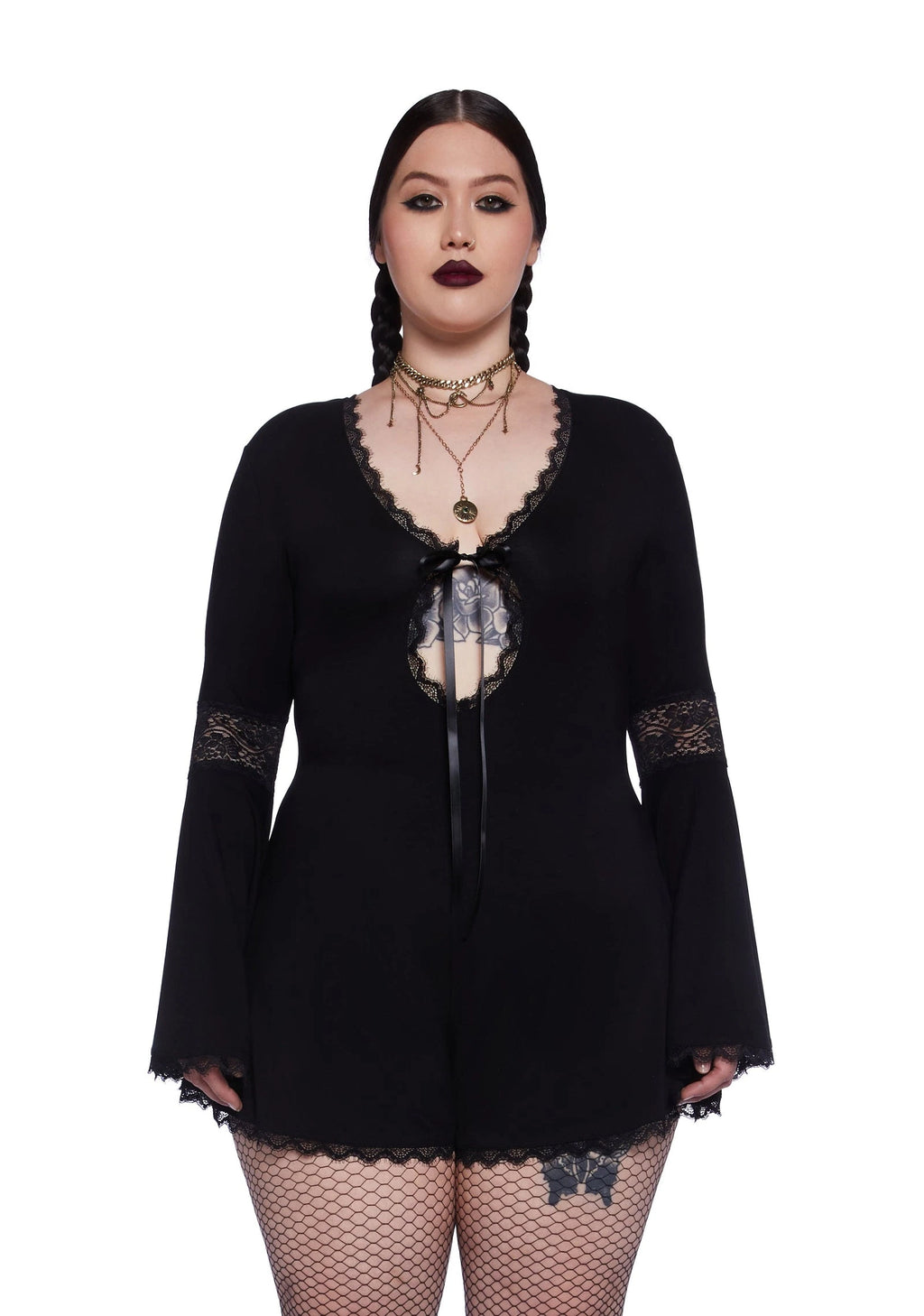 Lace Panel Bell Sleeve Romper - Black