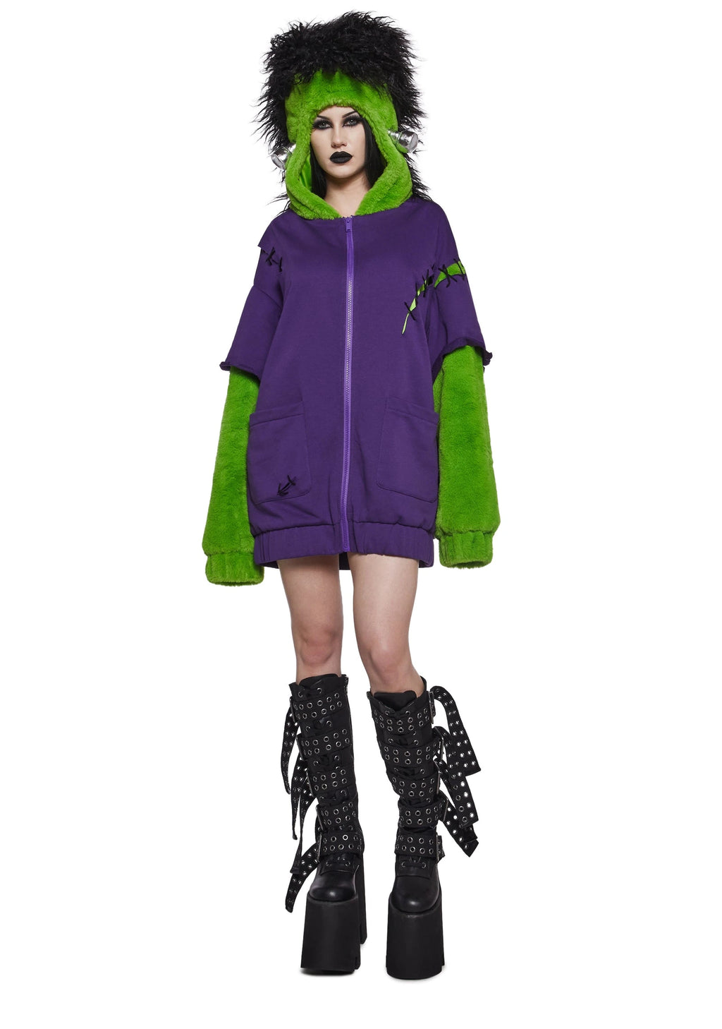 Monster Hood Faux Fur Sleeve Hoodie Costume - Purple