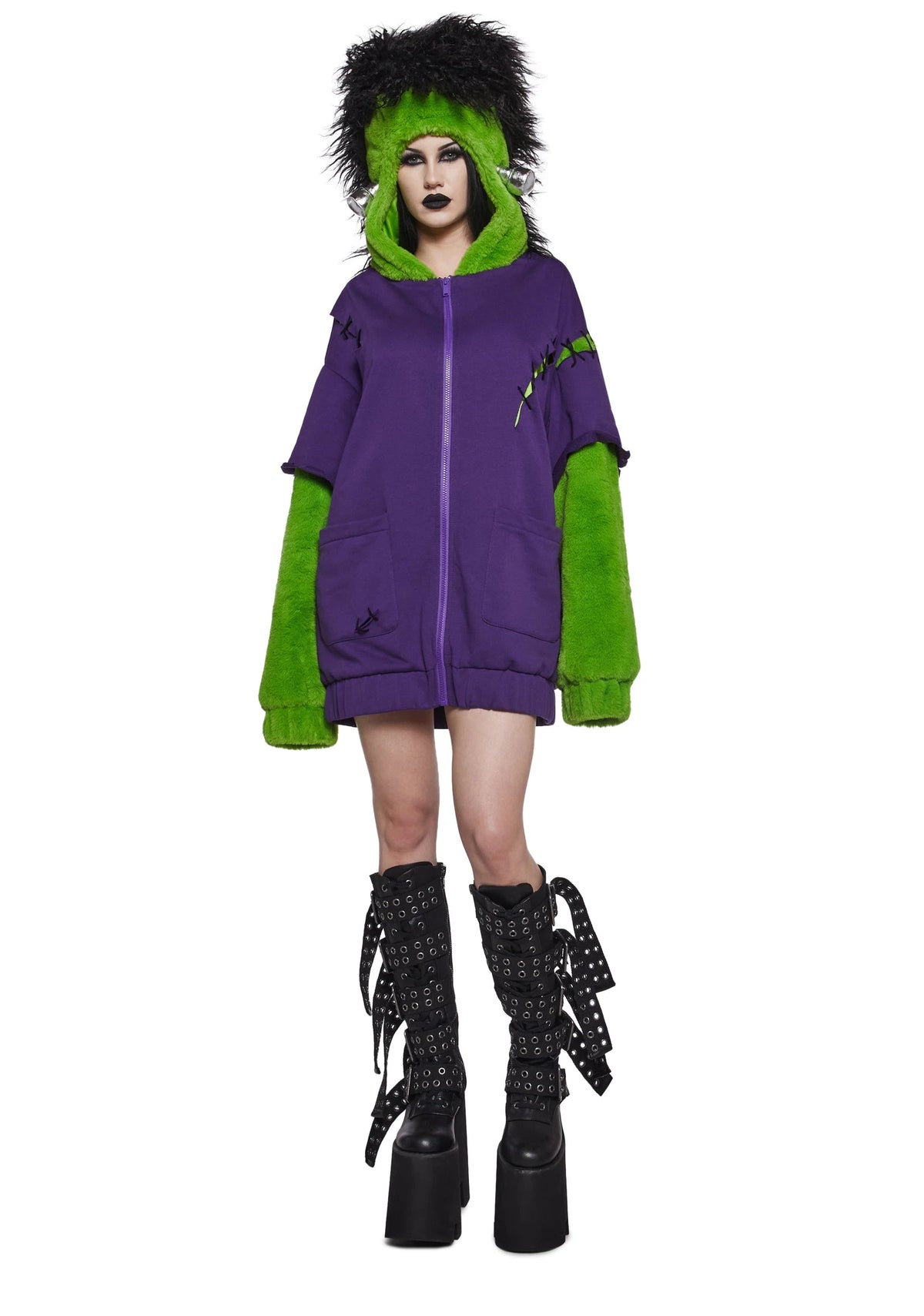 Monster Hood Faux Fur Sleeve Hoodie Costume - Purple