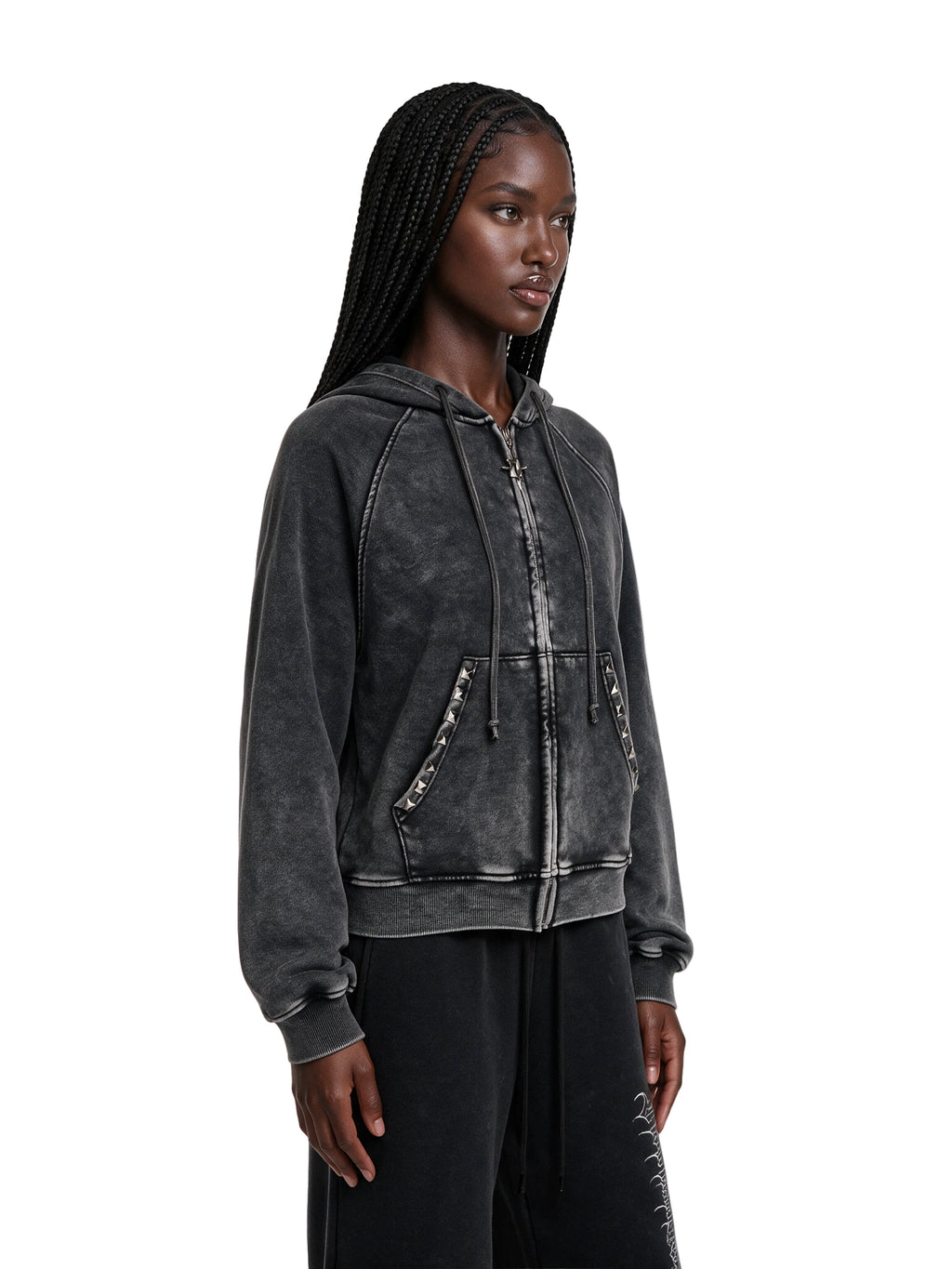 Studded Washed Zip Hoodie - Black