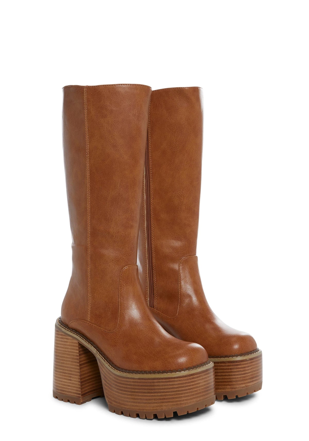 Platform Knee High Boots - Light Brown