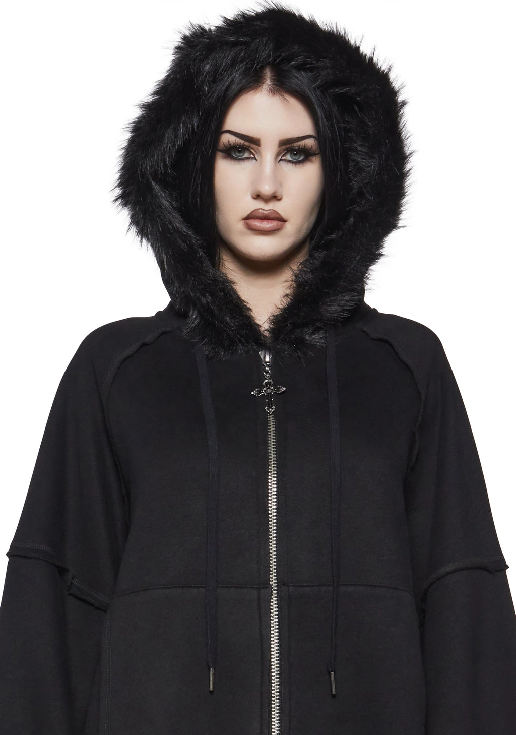 Faux Fur Oversized Zip Hoodie - Black