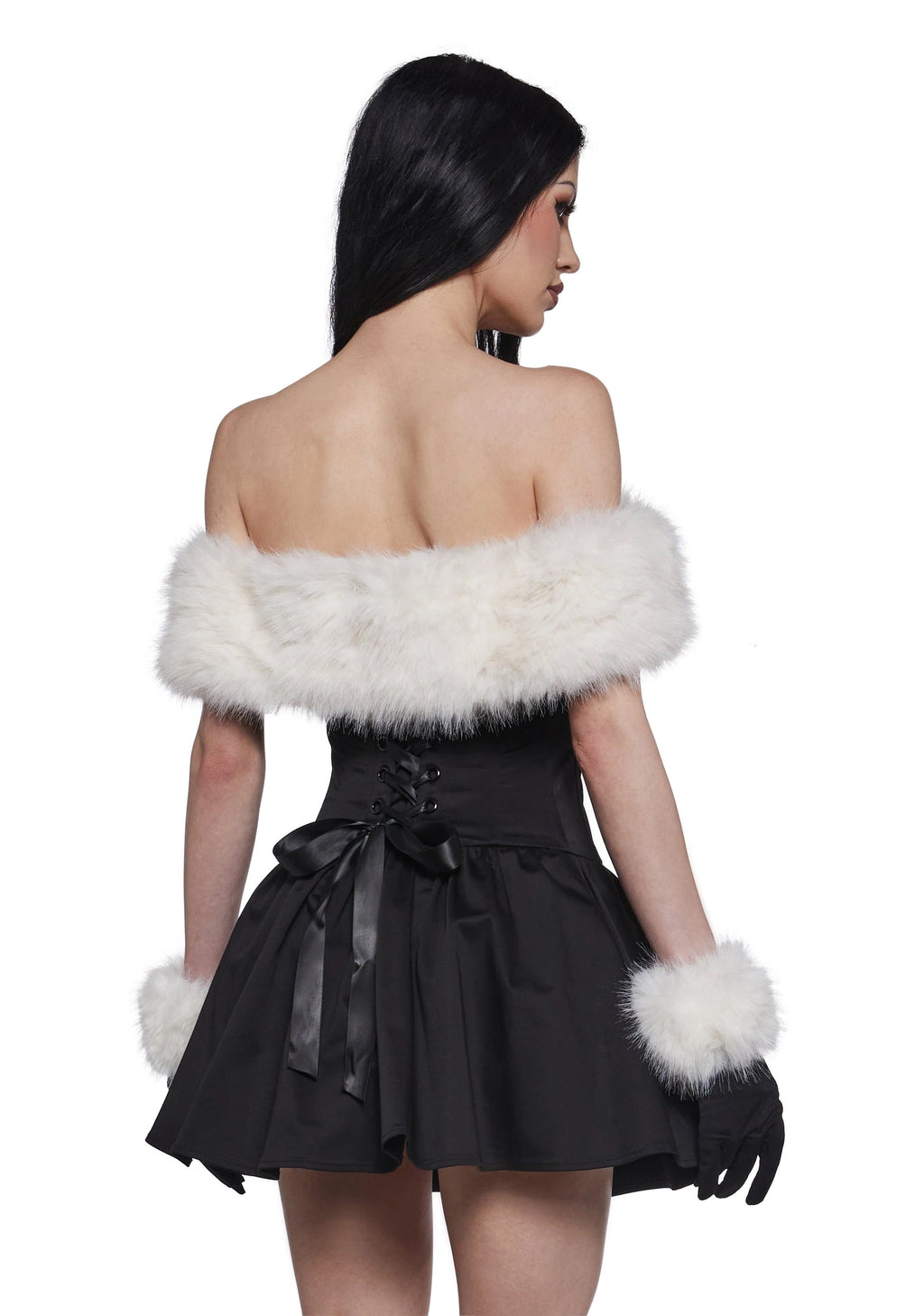 Off-Shoulder Faux Fur Mini Dress Set - Black