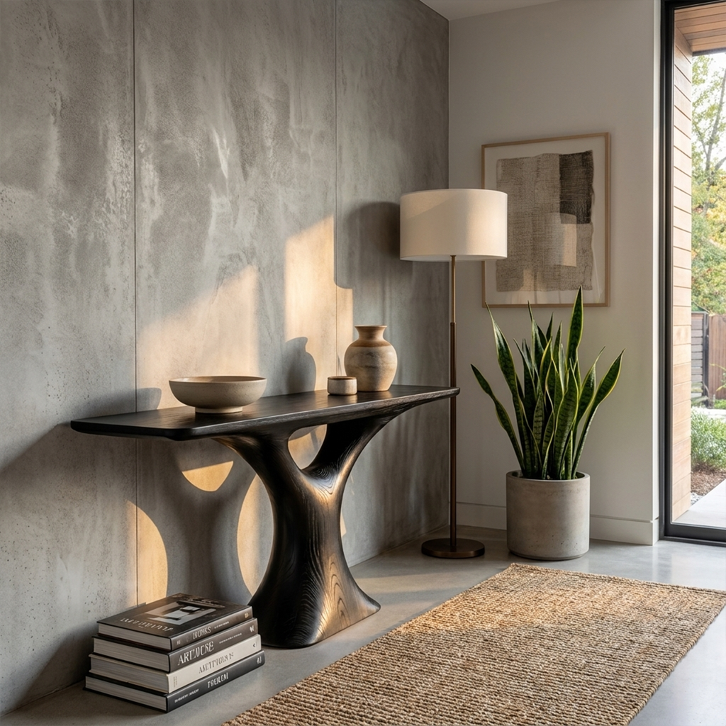 Mid Century Entry Table Smooth Sculptural Form Luxury Welcome Area