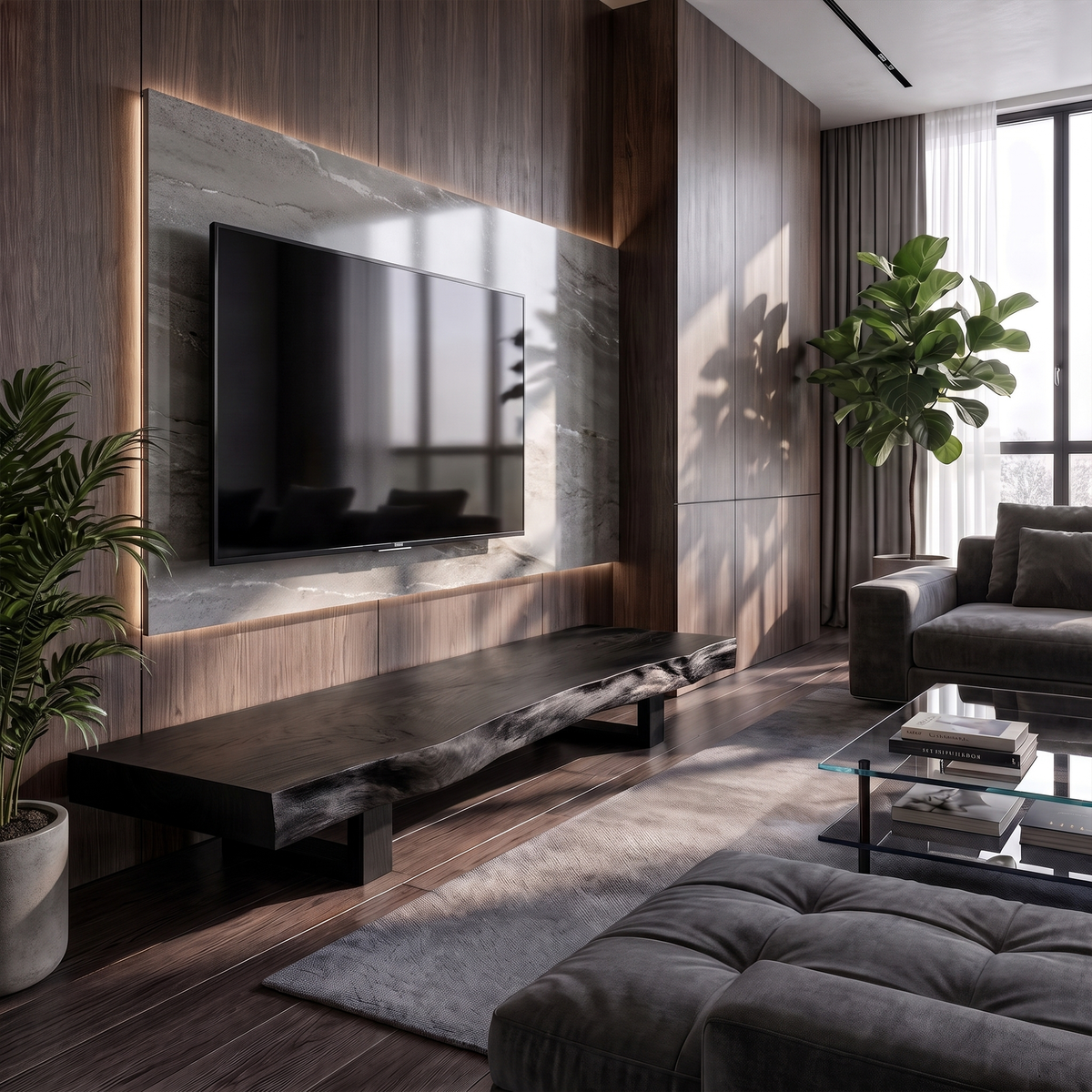 Mid Century TV Console Live Edge Wood Master Bedroom