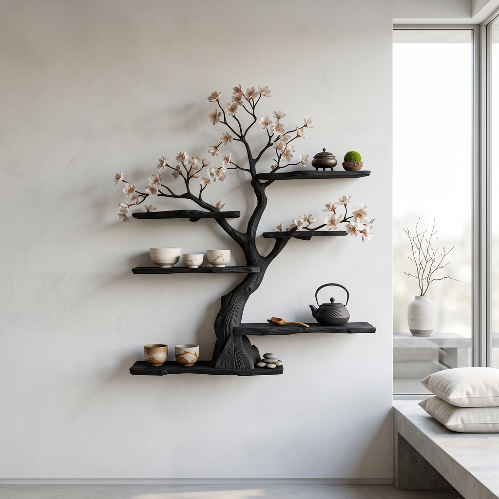 Rustic Wooden Tree Shelf