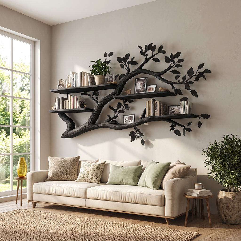 Rustic Wall Mounted Branch Bookshelf