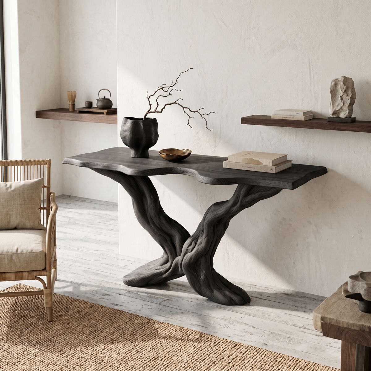 Rustic Sculptural Wood Console Table