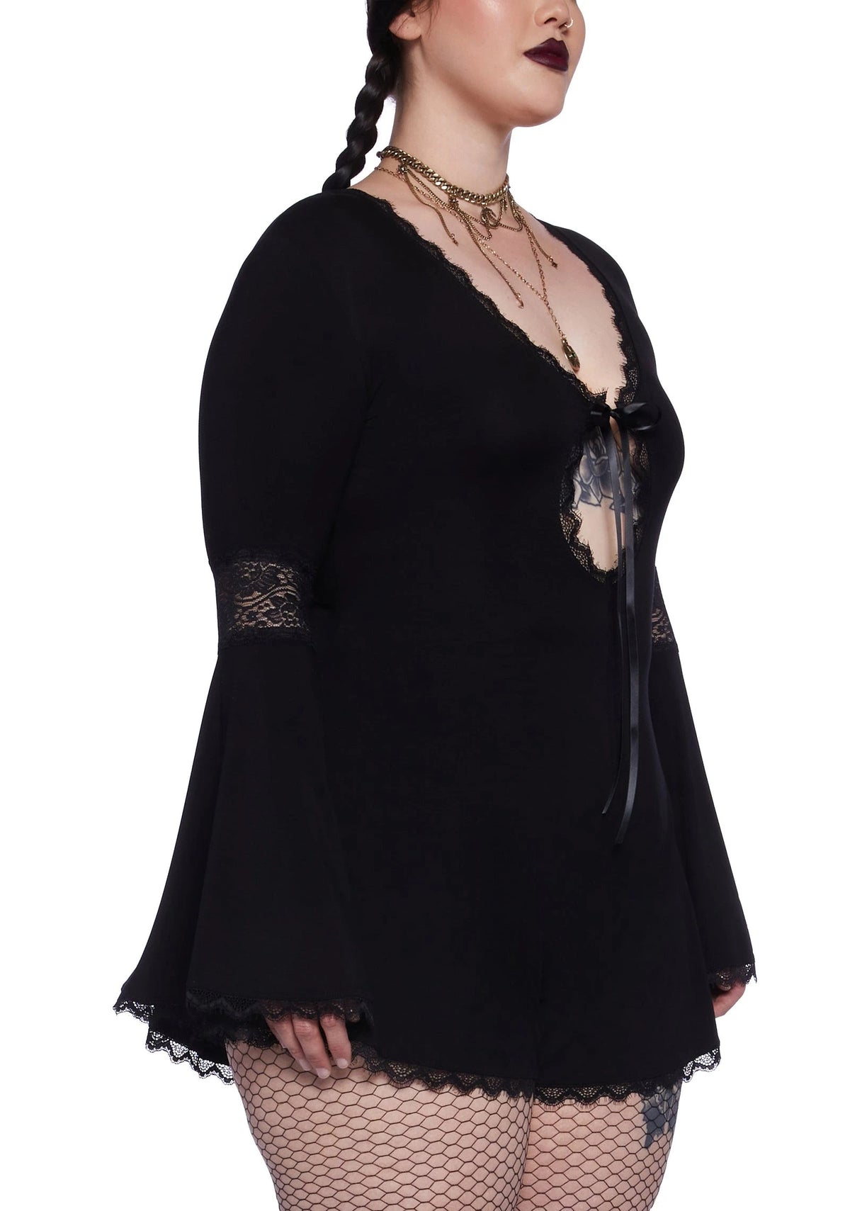 Lace Panel Bell Sleeve Romper - Black
