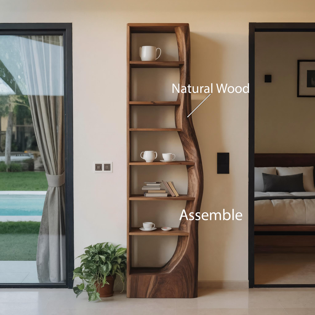 Tall Organic Bookshelf With Curved Design For Living Room Or Bedroom