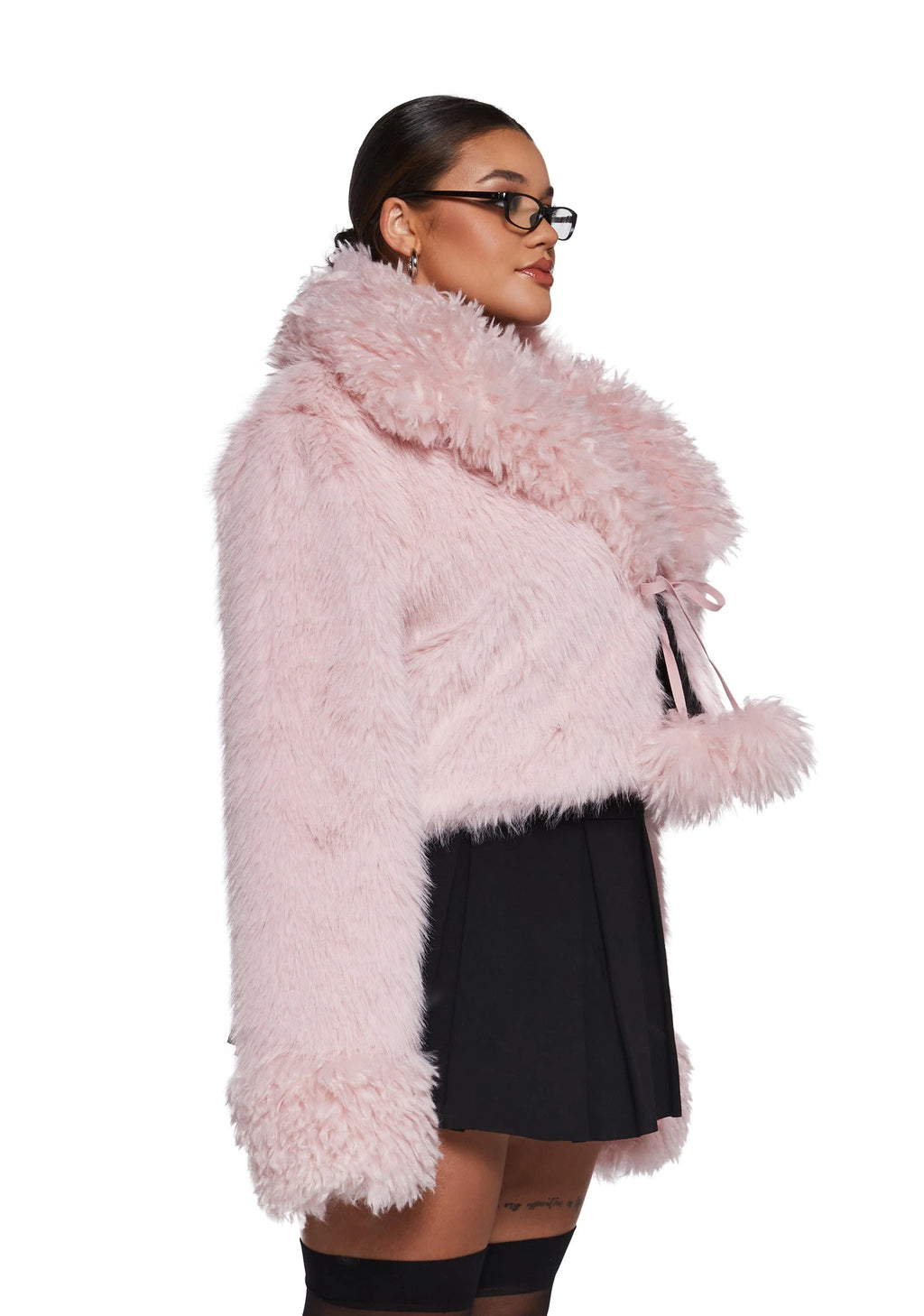 Faux Fur Cropped Tie-Front Jacket - Light Pink