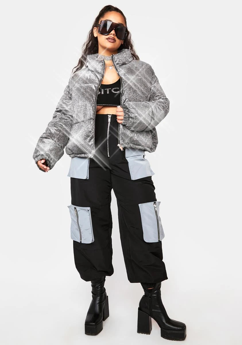 Sparkly Cropped Puffer Jacket - Silver