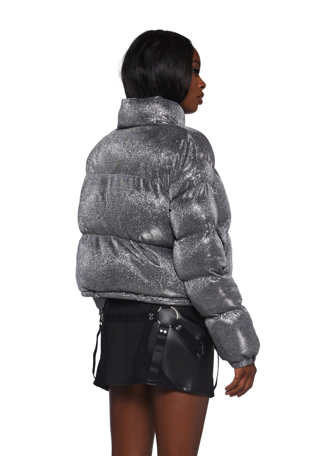 Sparkly Cropped Puffer Jacket - Silver