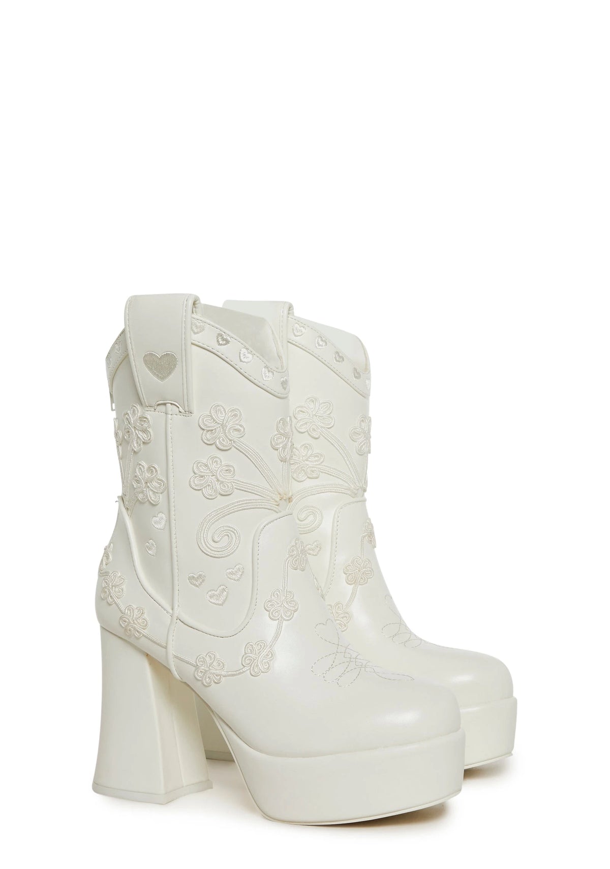 Embroidered Platform Western Boots - White