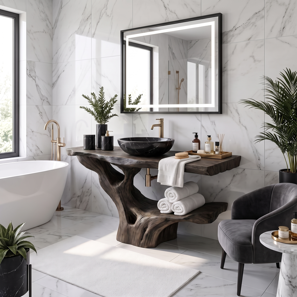 Modern Solid Wood Bathroom Vanity Organic Live Edge For Minimalist Bath