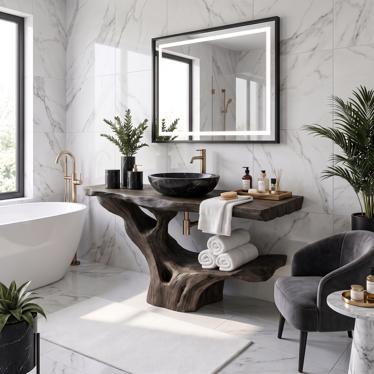 Modern Solid Wood Bathroom Vanity Organic Live Edge For Minimalist Bath