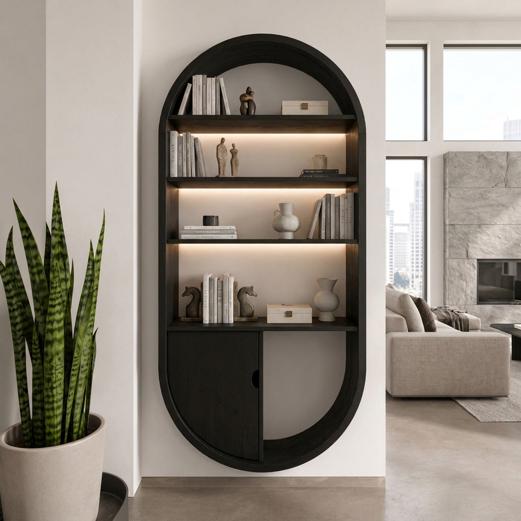 Arched Wooden Wall Bookshelf With Cabinet & Lighting