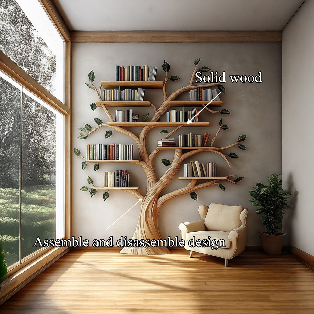 Rustic Tree Bookshelf Living Room Reading Corner
