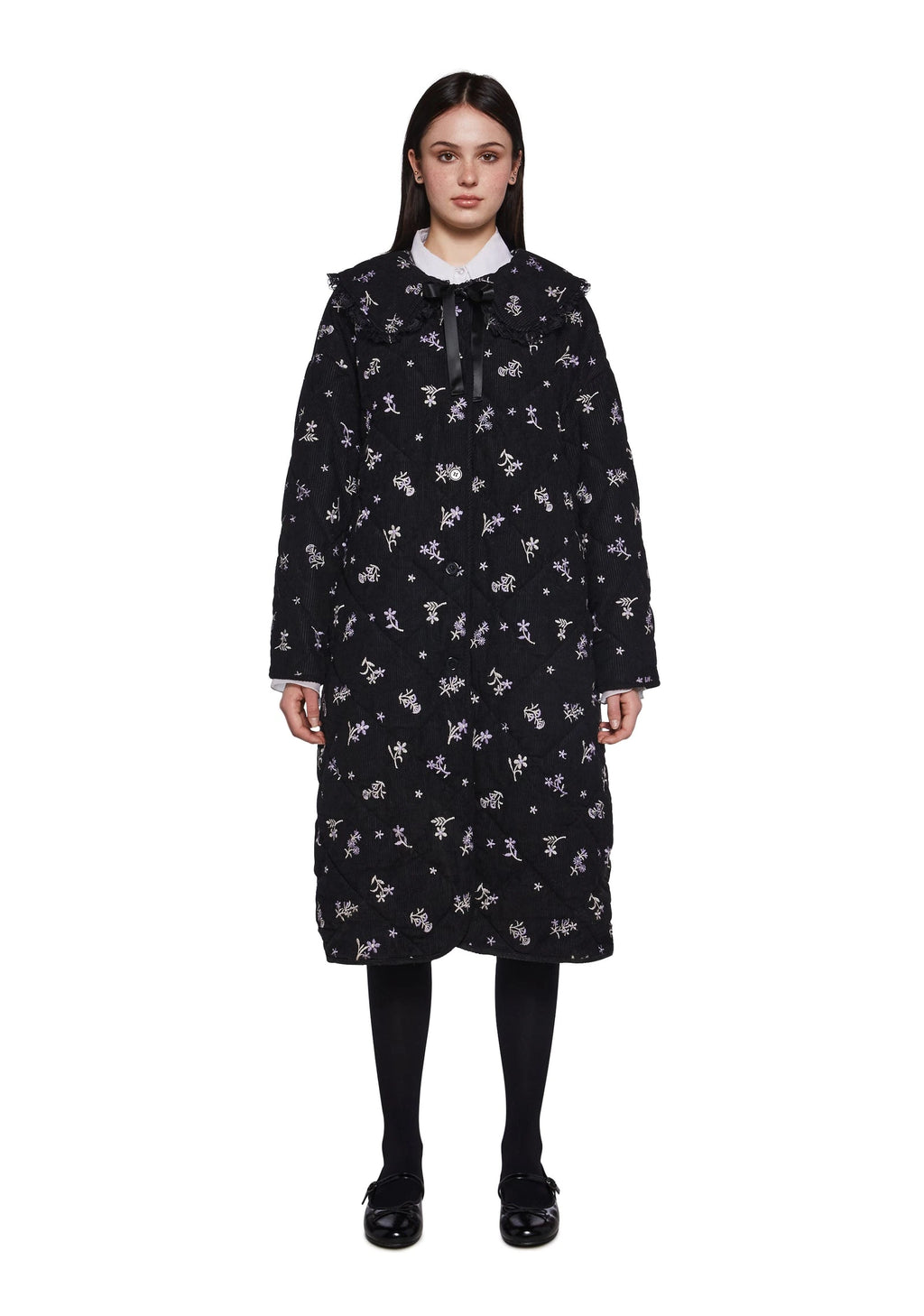 Quilted Corduroy Maxi Coat - Black