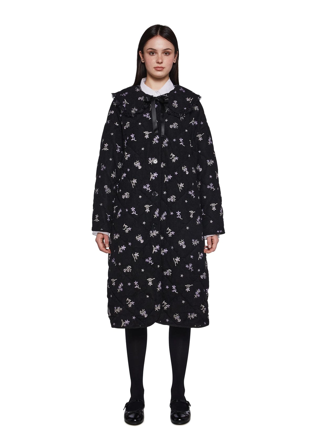 Quilted Corduroy Maxi Coat - Black