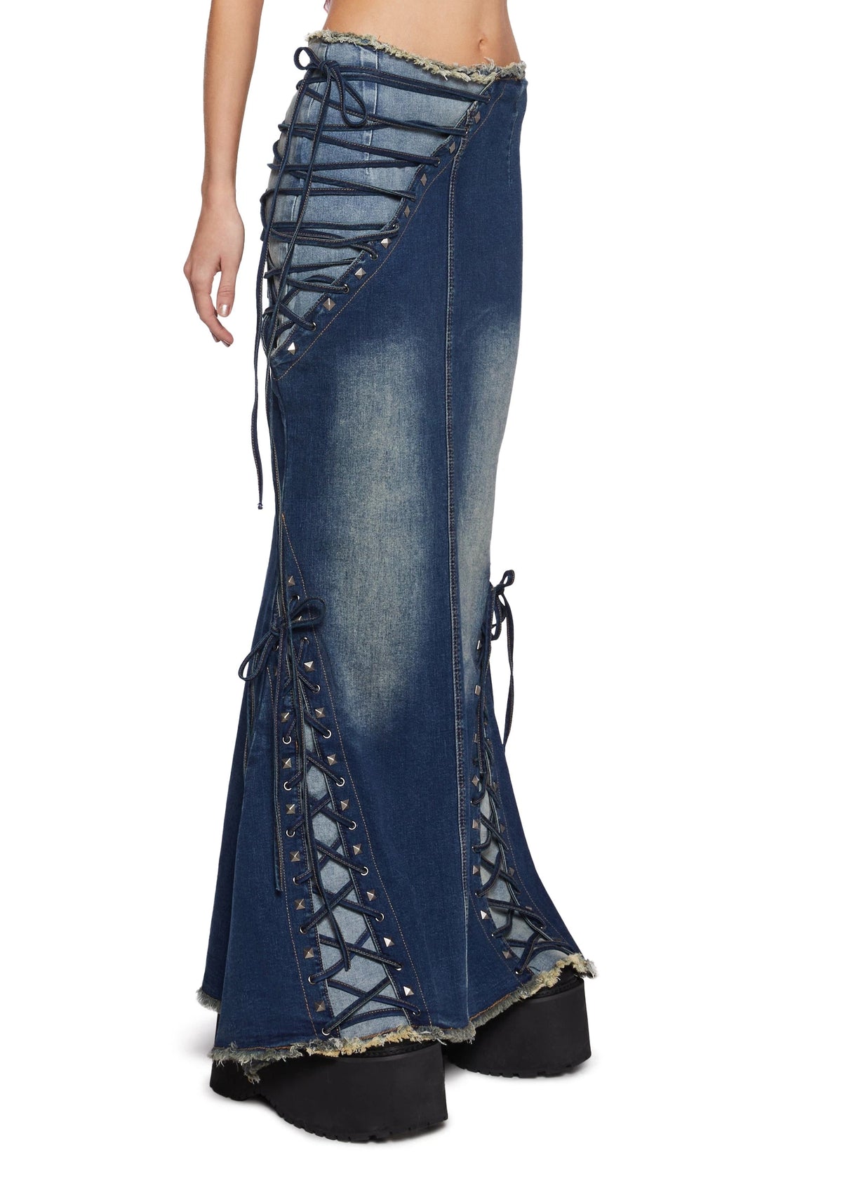 Distressed Lace Panel Maxi Skirt - Blue