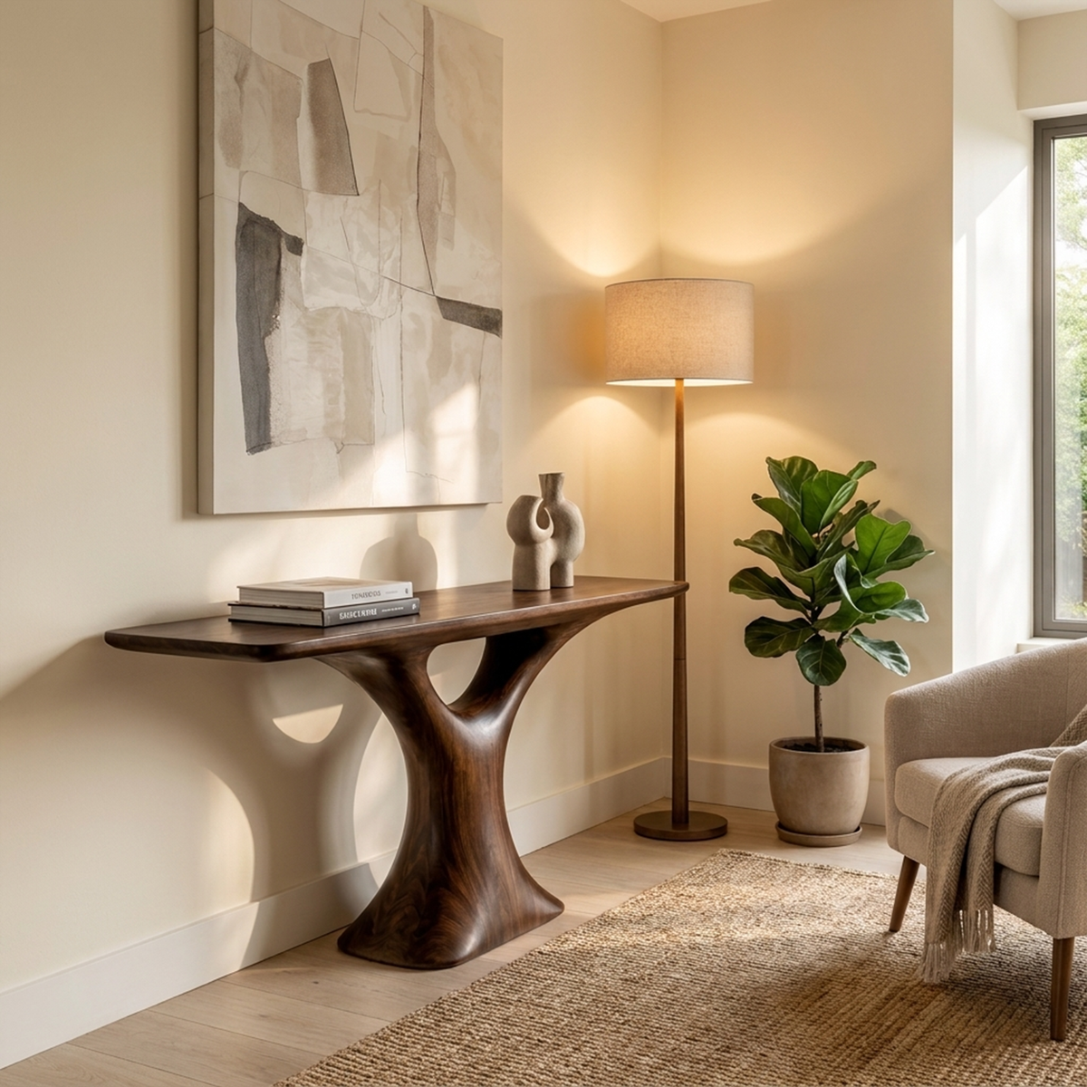 Mid Century Entry Table Smooth Sculptural Form Luxury Welcome Area