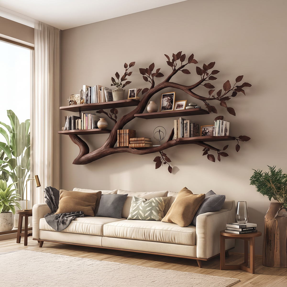 Rustic Wall Mounted Branch Bookshelf