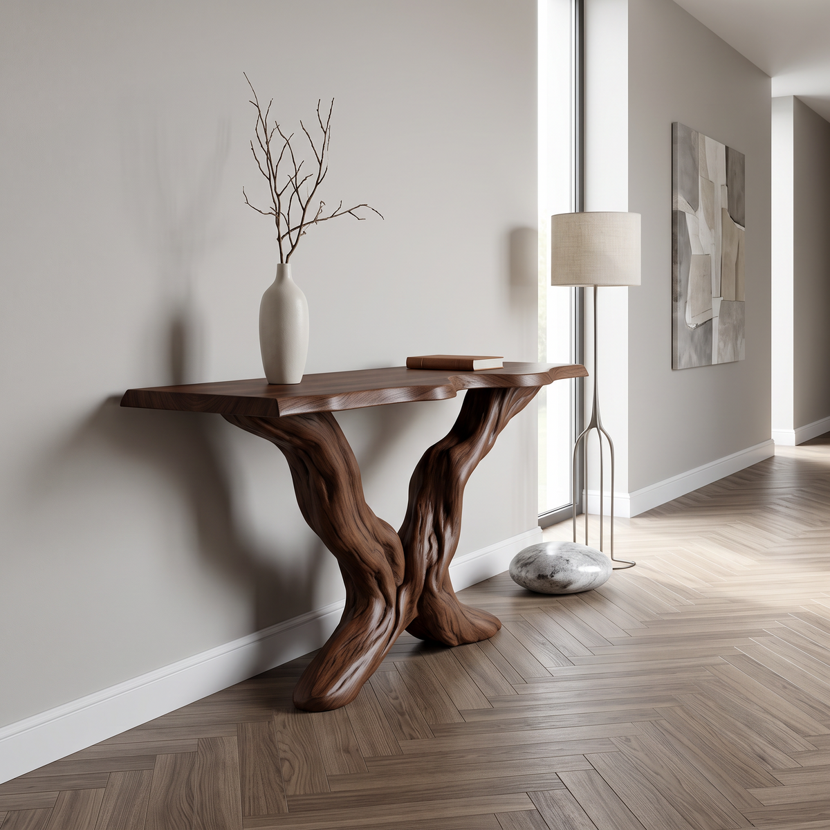 Rustic Sculptural Wood Console Table