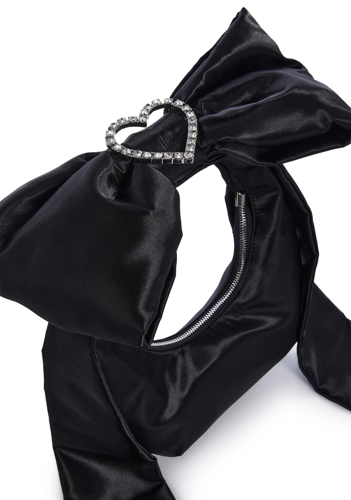 Satin Rhinestone Handle Shoulder Bag - Black