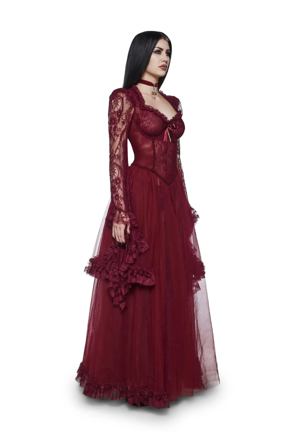 Lace Bodice Sheer Maxi Dress - Burgundy