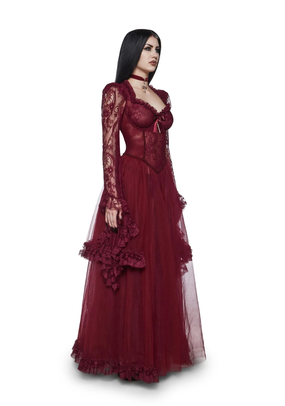 Lace Bodice Sheer Maxi Dress - Burgundy