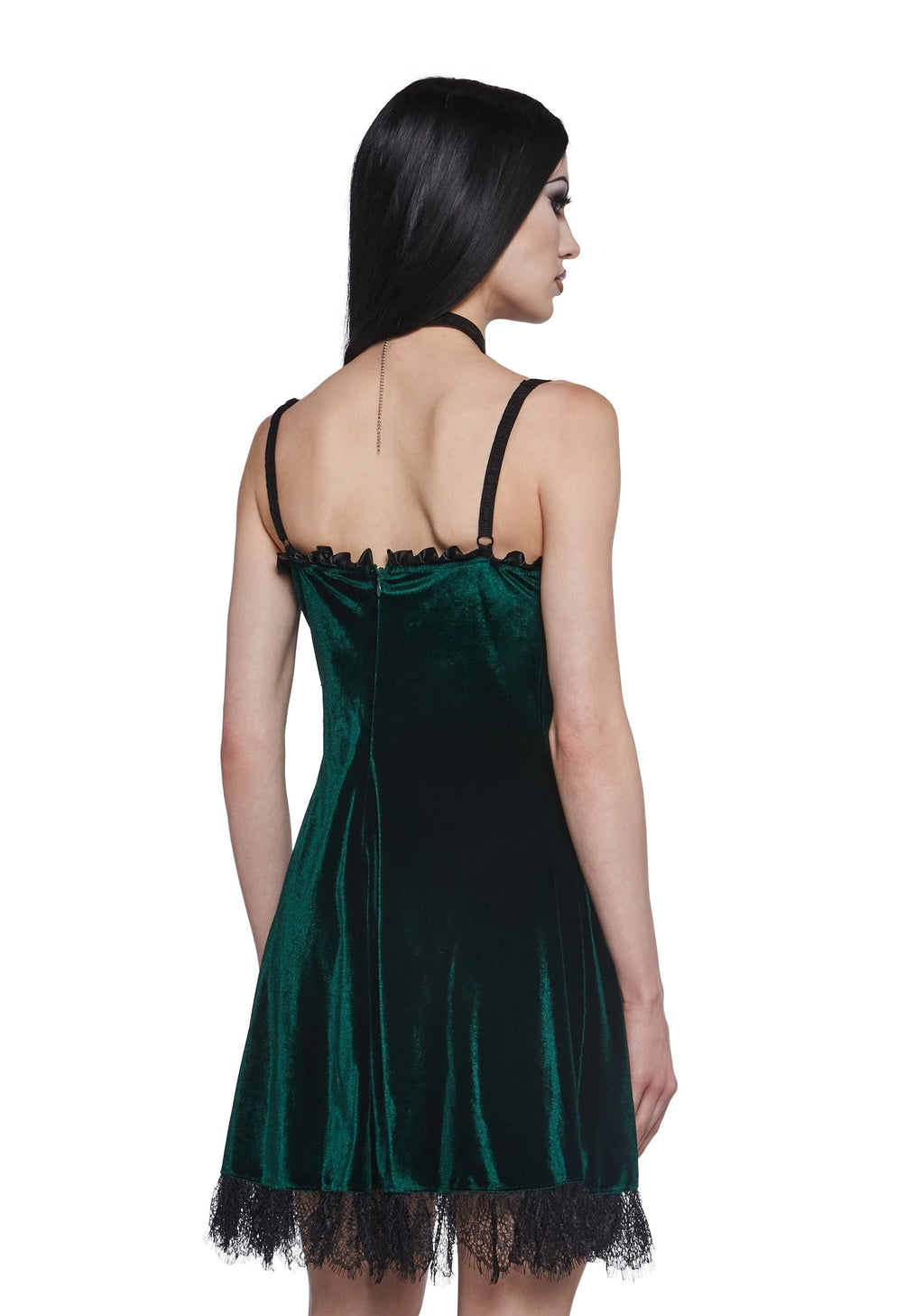 Velvet Lace Trim Mini Dress - Dark Green