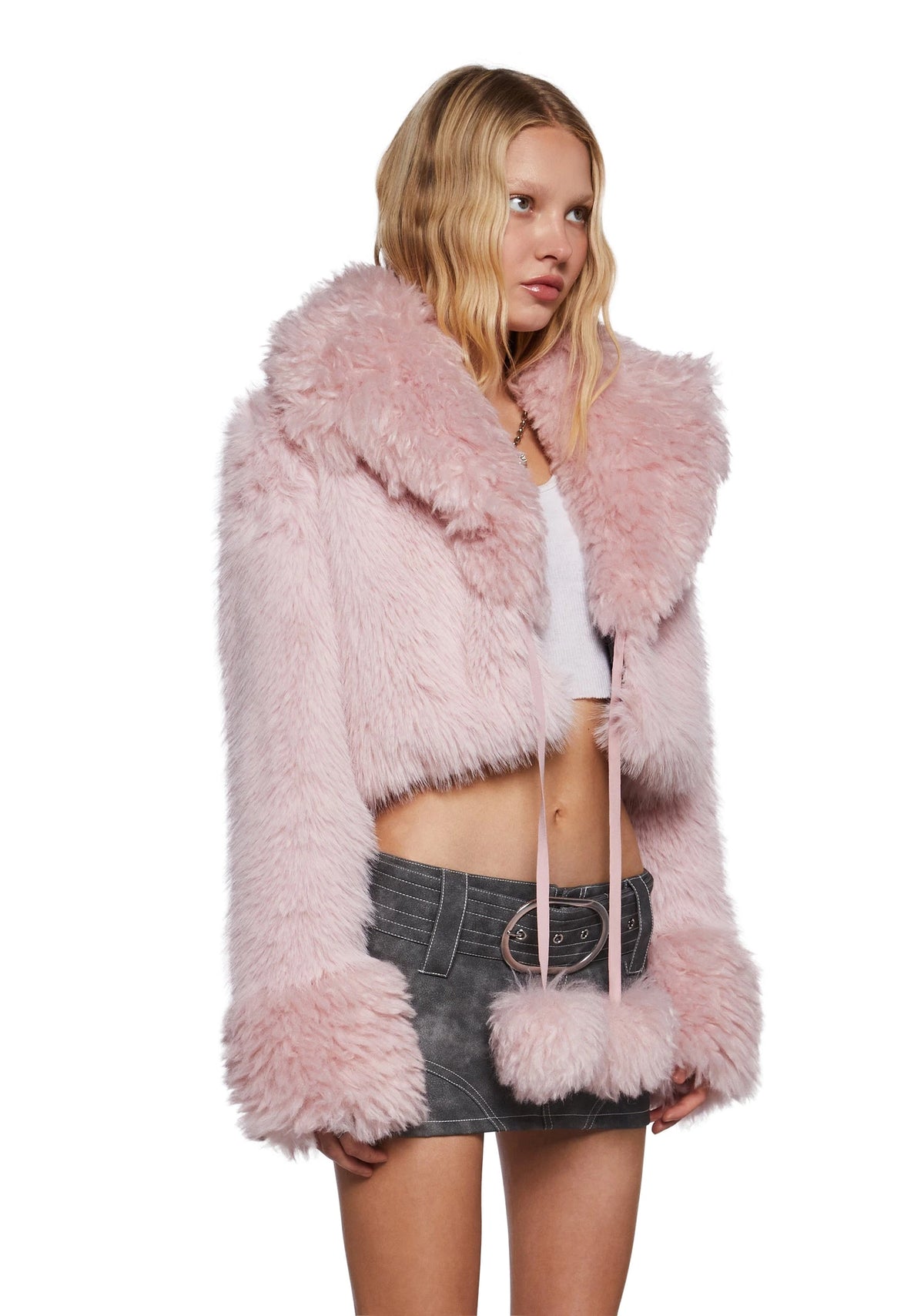 Faux Fur Cropped Tie-Front Jacket - Light Pink
