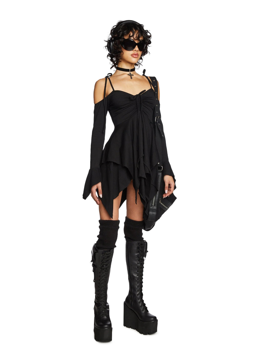 Off-Shoulder Handkerchief Mini Dress - Black