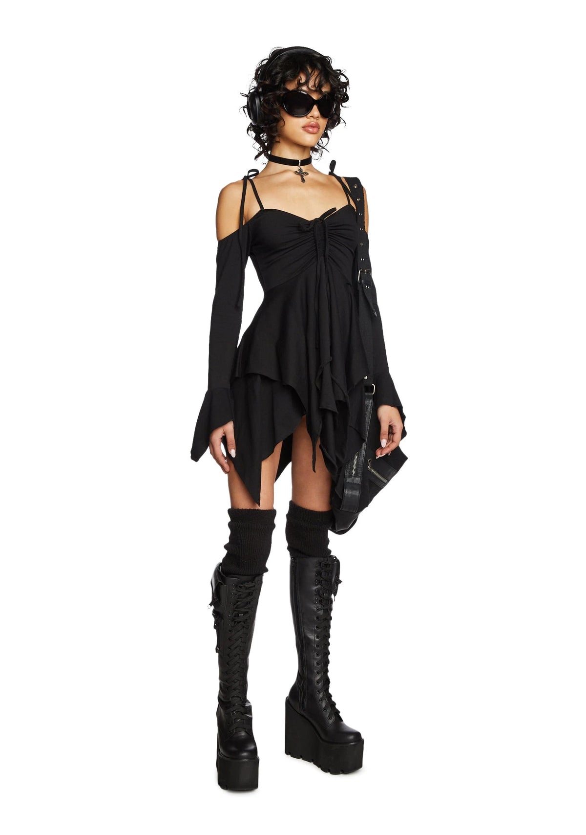 Off-Shoulder Handkerchief Mini Dress - Black