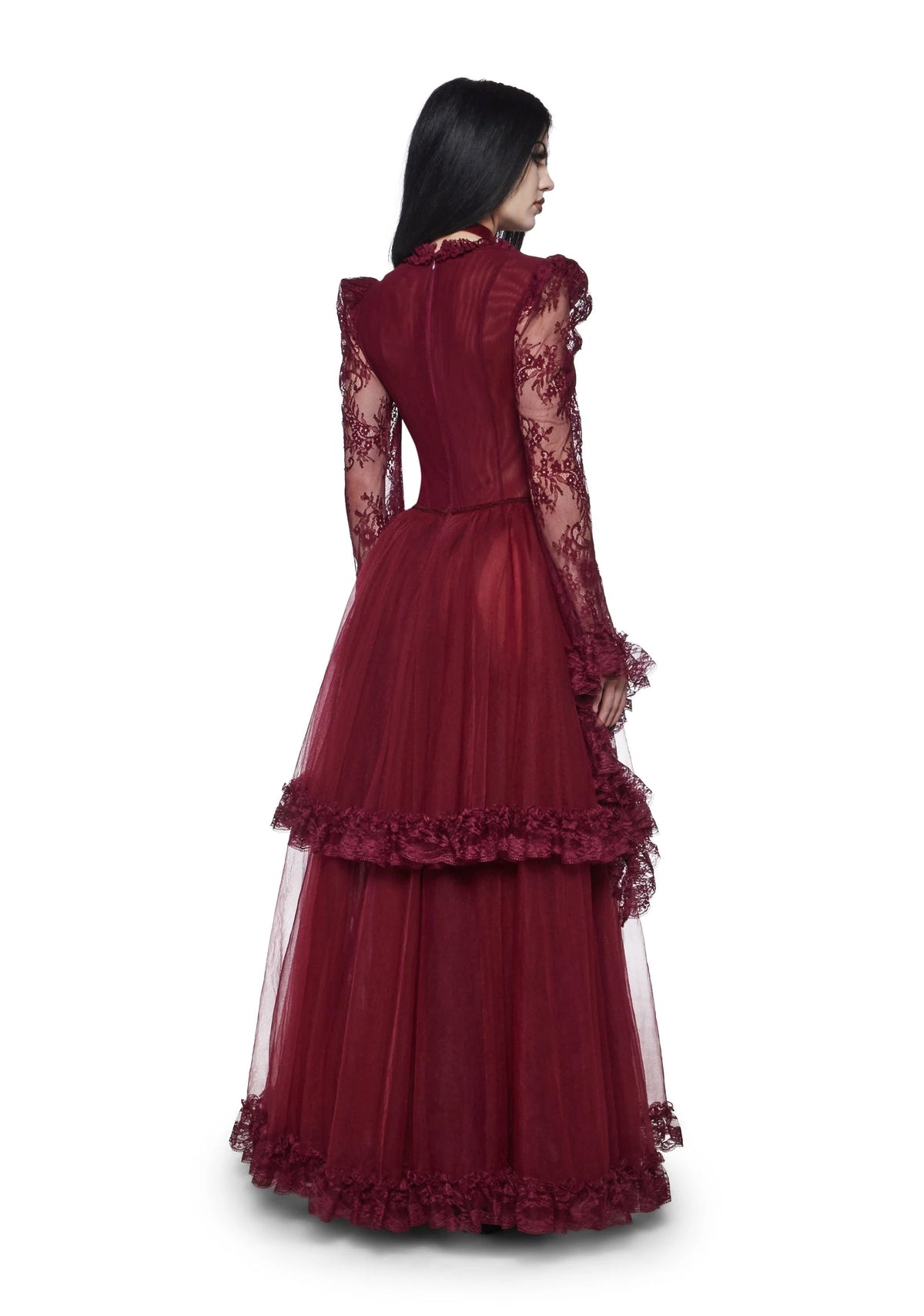 Lace Bodice Sheer Maxi Dress - Burgundy