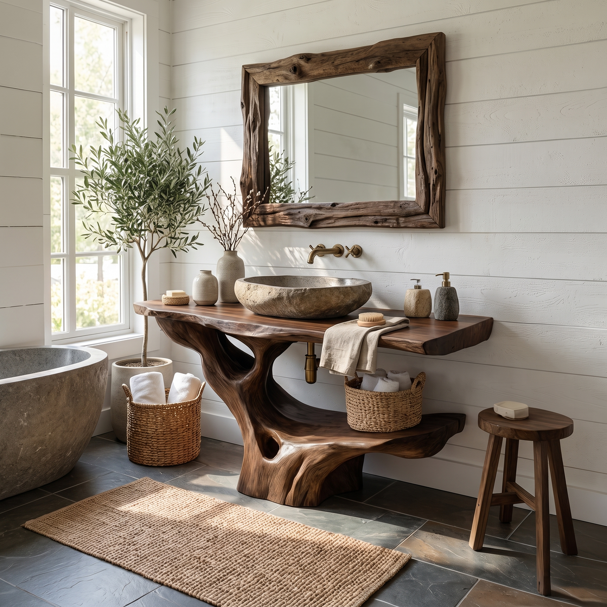 Modern Solid Wood Bathroom Vanity Organic Live Edge For Minimalist Bath