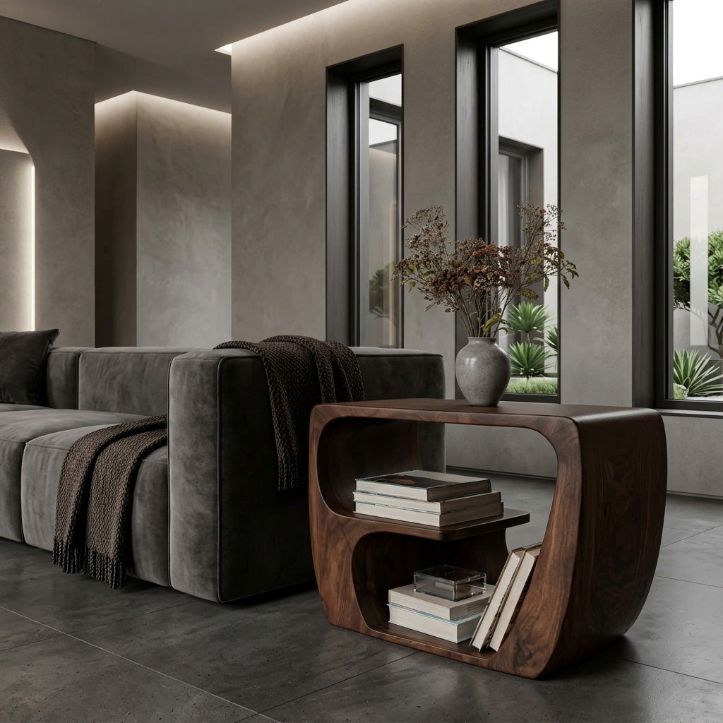 Quiet Luxury Solid Wood Side Table With Curved Design And Open Storage For Living Room