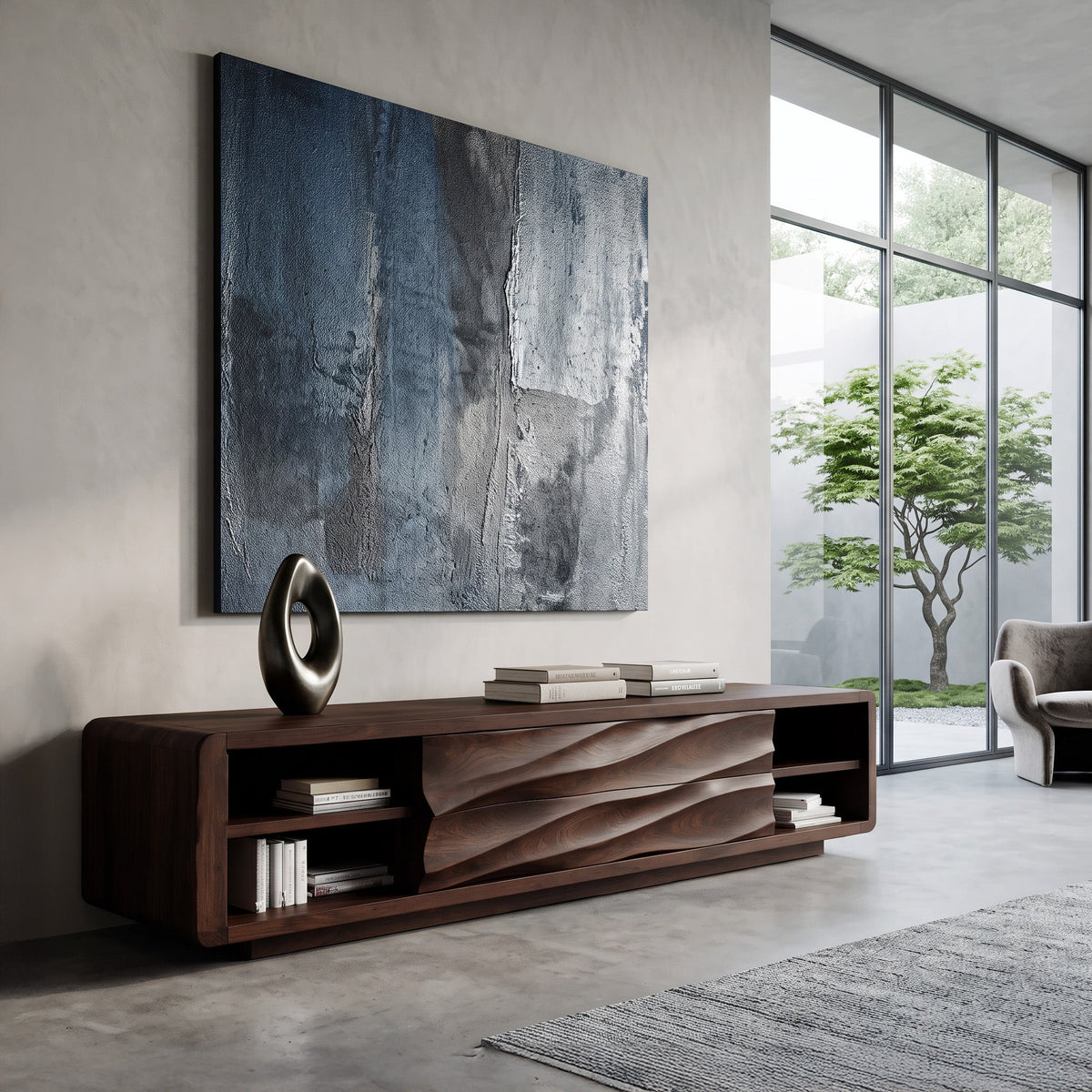 Quiet Luxury Low Sculpted Sideboard For Living Room