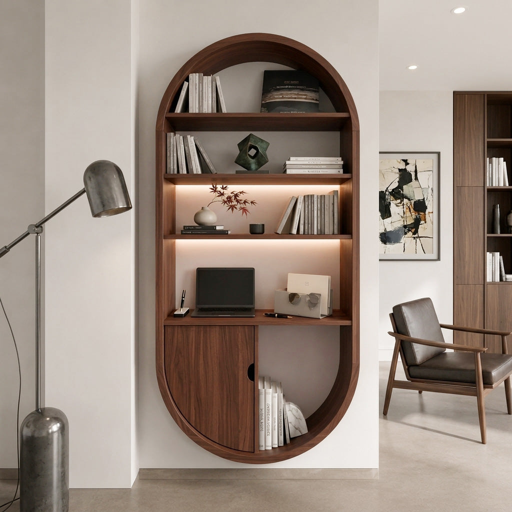 Arched Wooden Wall Bookshelf With Cabinet & Lighting