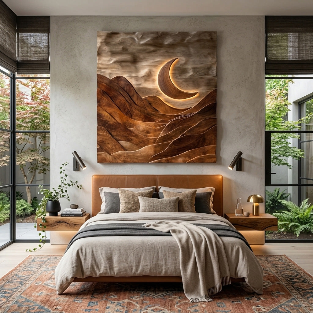 Large Crescent Moon Wood Wall Art For Living Room