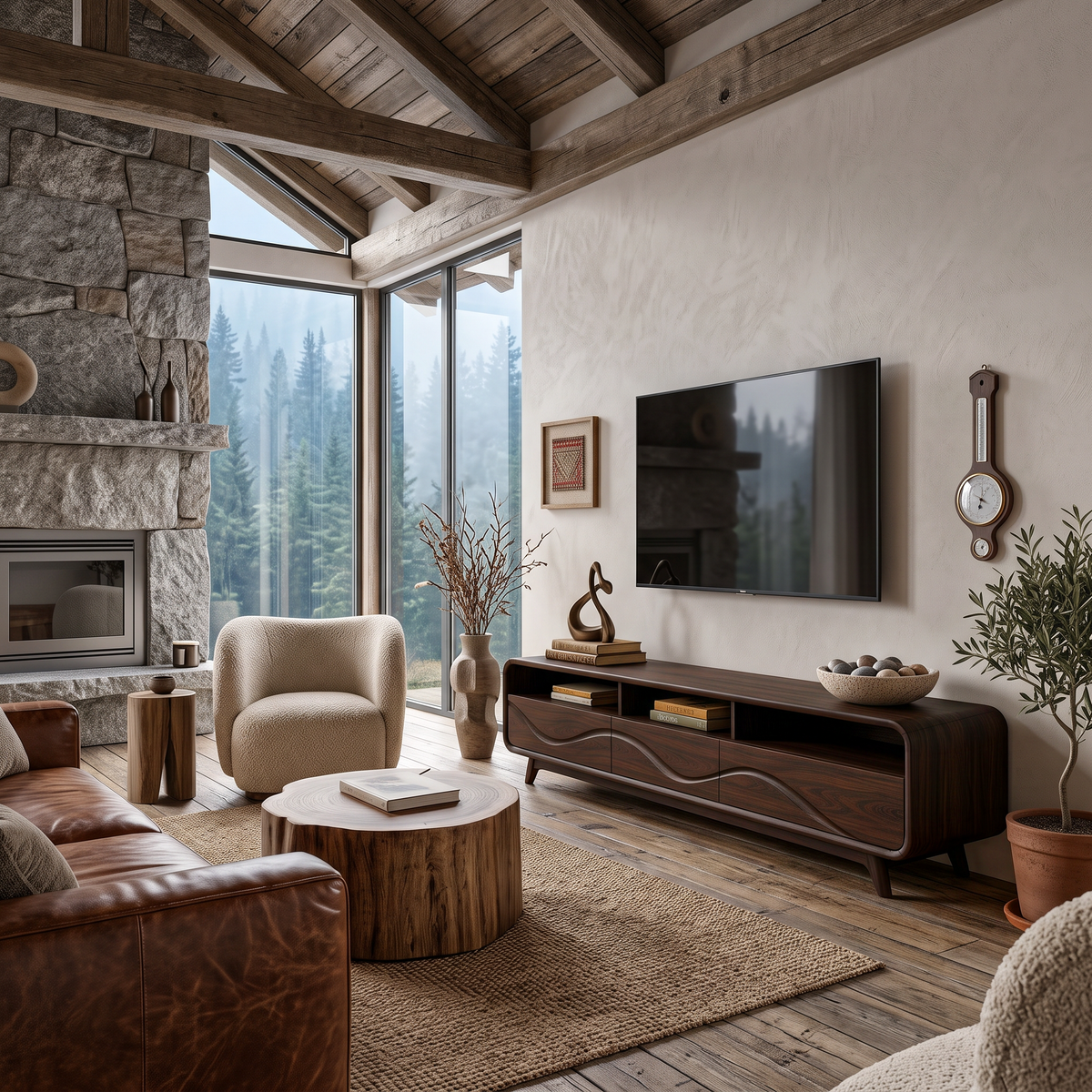 Contemporary TV Stand Low With Open Shelf For Home Interior