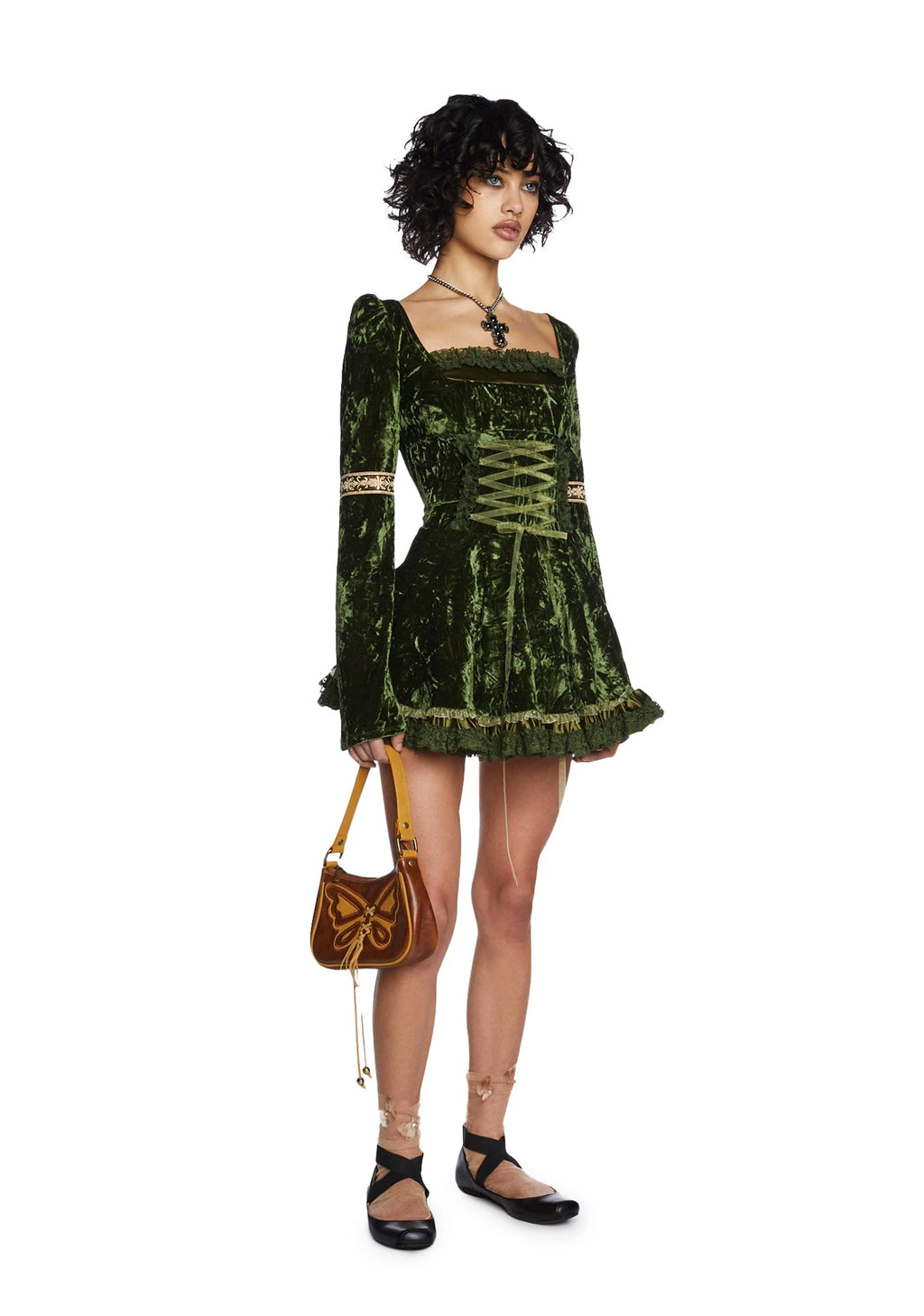 Velour Puff Sleeve Mini Dress - Green