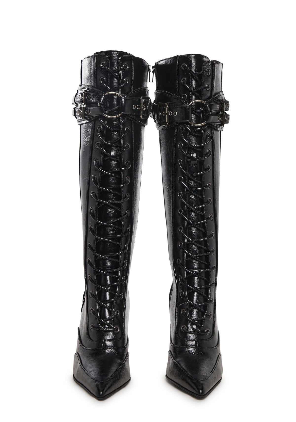 Pointed Toe Lace-Up Stiletto Boots - Black