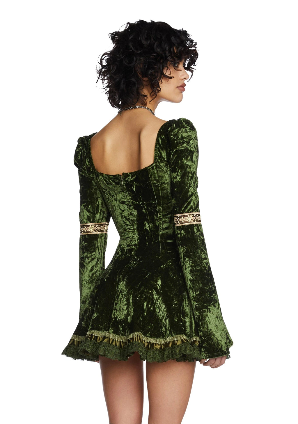 Velour Puff Sleeve Mini Dress - Green