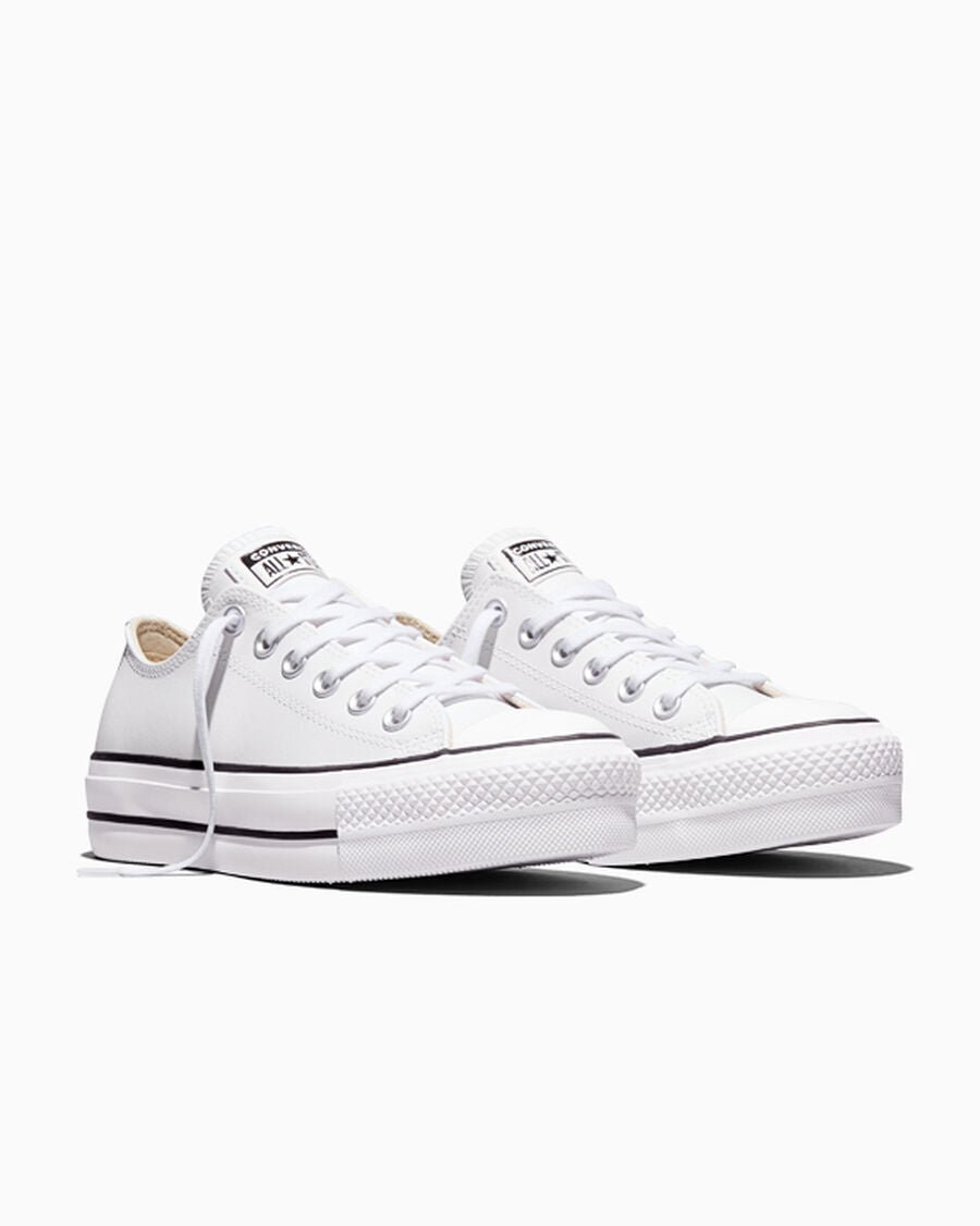 Women's Leather Platform Low Top Sneaker - White - White/Black/White
