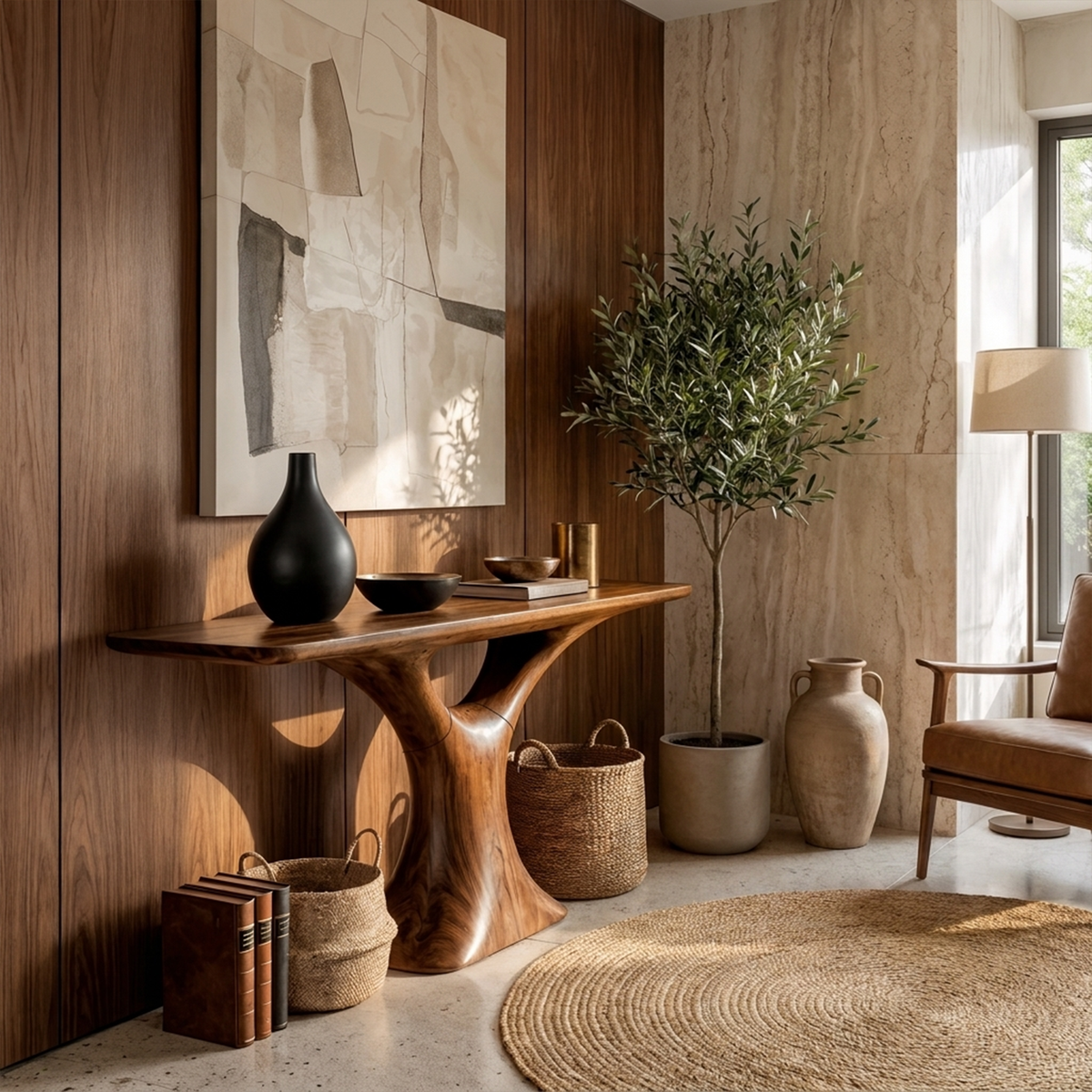Mid Century Entry Table Smooth Sculptural Form Luxury Welcome Area
