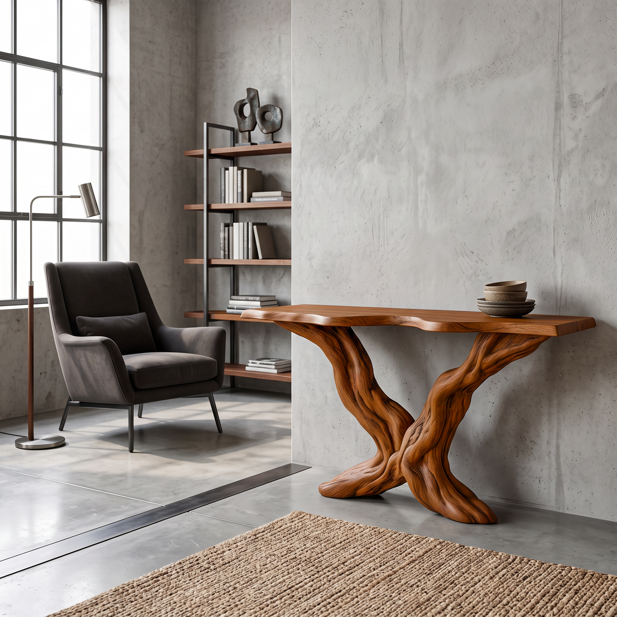 Rustic Sculptural Wood Console Table